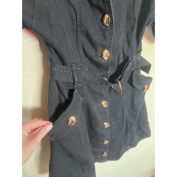 Commense Black Denim Puff Sleeve Button Belted Mini Dress Pocketed dark romantic - Picture 4 of 12
